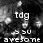 Black-and-white pixelated image with white text reading "tdg is so awesome" on the left and "tdg is so amazing" on the right, with a gray rectangle on the bottom right.
