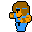 Pixelated character with brown hair and blue overalls in six sequential poses showing arm movements and stance shifts.