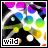 Pixelated icon with black, white, and gray gradient figure holding a sword-like object amid colorful circular shapes in pink, purple, blue, green, yellow, orange hues.