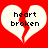 Two identical pixelated heart shapes split vertically, each containing the text 'heart broken' in black block letters on a white background with red borders.