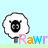 Pixelated sheep icon with 'Rawr' text and animated black hearts against light blue background.