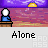 Pixel art scene with a figure in blue shirt at desk under purple sky, yellow sun, pinkish-purple background, and 'Alone' text below.
