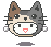 Pixelated cat head with brown and gray fur, white muzzle, red mouth shape, small ears, whiskers, and shadow below.