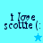 Pixelated text 'i love scottie (' with a star symbol on a blue background, showing two color variations of the star.