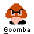 Pixel art buddy icon of a Goomba character from Mario games with orange hair, black glasses, and pink face in two animation frames showing slight pose variation.
