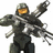Pixelated figure in dark gray armor with orange visor, arms outstretched against white background.