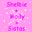 Pink background with purple text reading 'Shelbie + Maily = Sistas' repeated three times in a , white pixelated noise scattered across the image