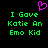 A static pixel art image with green text reading "I Gave Katie An Emo Kid" on a black background, topped by a pink pixelated heart symbol.