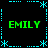 Green text 'EMILY' repeated four times in a pattern on black background with cyan pixelated border elements
