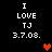 Black background displays white text "I LOVE TJ 3.7.08." with two pixelated heart icons in red and brown hues.