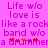 Pixelated text on a bright pink background reads "Life w/o love is like a rock band w/o a drummer" with red heart symbols replacing the 'o' in 'w/o' and 'drummer'.