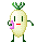 Pixelated radish-like character with green leafy top, red mouth, green limbs, holding pink object, transitioning through expressions and color changes.