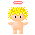 Pixelated angel figure with yellow curly hair, white wings, and pink striped halo in multiple poses against gray background.