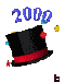 Animated sequence of a black top hat with red band, blue '2000' text, and scattered confetti-like shapes in yellow, red, and cyan.