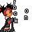 Pixel art icon of a stylized female character with red hair and green eyes, wearing a black outfit with red accents and holding a guitar-like object against a white background.