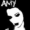 Two side-by-side show a stylized face with 'AMY' text above; left is high-contrast black-and-white, right is colorized with red eyes and lips