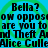 Pixelated text repeats 'Bella?', 'how opposow oppos', 'are you to are you to', 'nd Theft And Theft A', and 'Alice Culle' on a blue background with green spiral patterns.