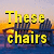 Yellow pixelated text reads 'These chairs are waiting for us' over a sunset beach scene with blue water and dark silhouettes of structures.