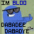 Blue cartoon character wearing sunglasses with pixelated text above and below, showing two color variations of the lower text.