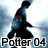 Animated sequence of a figure in dark clothing holding a wand, walking left to right against a cloudy background with 'Potter 04' text overlay.