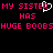 Pixelated text in bright pink on black background with a white heart symbol replacing the 'O' in 'SISTER'.