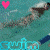 Animated pattern of a person swimming underwater with repeated text and pink hearts on a teal background.
