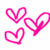 Three pink heart outlines rendered in pixelated style on white background, arranged with one top-left, one bottom-left, and one right-aligned.
