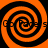 Four orange and black spiral patterns arranged in a , each with a central swirl and visible text fragments on the spiral arms