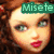Four pixelated character head views with brown curly hair, green eyes, and red lips; two display "Mise" text in green and pink boxes above the head.