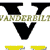 Pixelated icon with black 'V' shapes at top and bottom, green text reading 'VANDERBILT' across middle, and yellow shapes at bottom on white background.