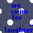 Blue pixelated text reads "we swim for laughter" on a dark blue background with white circular shapes.