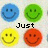 Pixelated smiley face icons in blue, green, yellow, and red arranged in a with overlaid text reading "Just shut up and smile"