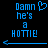 Blue pixelated text on black background reads "Damn he's a HOTTIE" with a heart symbol replacing the 'o' in "Damn" in the left view, and a blue arrow pointing left below the text.