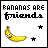 Pixel art icon with 'BANANAS ARE friends' text, smiling banana character, and star symbols in varying colors.