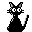 Pixelated black cat with gray ears and red nose, seated in a of four by four on light gray background