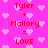Pixelated pink background with scattered light pink hearts and red text reading "Tyler + Mallory = LOVE" repeated twice.