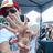 A character in a red and white cap covers their face with both hands, standing under a canopy with blurred background figures.