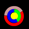Animated circular icon with red, blue, green, yellow, and pink segments rotating around a central yellow circle, transitioning to static text elements below.