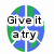 Circular icon with blue and green segmented background, black text "Give it a try" in center on white backdrop.