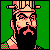 Pixelated character icon with green background, black beard, pinkish skin tones, and striped hat, holding a checkered object.