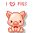 Pixel art pig icon with red bow tie, pink cheeks, and 'I ❤️ PIGS' text above; multiple variations show different heart symbols in the text.