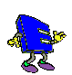 Blue E-shaped character with yellow hands, purple feet, and green ankle bands performing sequential arm and leg movements against gray background.