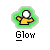 A static contact sheet showing two identical frames of a yellow stick figure icon with green glow effect, labeled "Glow" below each frame, next to promotional text for badassbuddy.com.