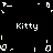 Pixelated white text 'Kitty' appears in four corners of a black background with scattered pixel fragments around the edges.