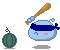 Animated contact sheet showing 12 frames of a pixel art buddy icon featuring a blue character with a dark blue bandana, baseball bat, and watermelon bomb props on a gray background.