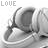 Animated grayscale icon of over-ear headphones with 'LOVE' text above, showing changes in the left earcup's inner padding and small black marks near the bottom-left corner