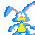 Pixelated blue rabbit with yellow belly and pink inner ears in multiple poses on gray background.