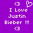 Purple background with white pixelated text and symbols: 'I Love Justin Bieber !!!' flanked by heart icons, displayed in a static layout.