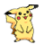 Two side-by-side pixelated frames of a yellow cartoon character with red cheeks and black-tipped ears in different poses against white background.