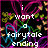 Pixelated image with white text reading "i want a fairytale ending" over a black background with colorful abstract lines.